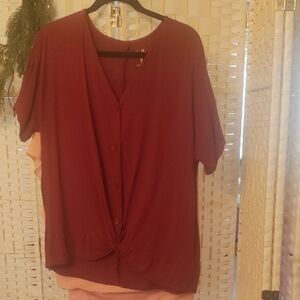 Belle by Kim Gravel Deep Burgundy Button-Front Knot Top